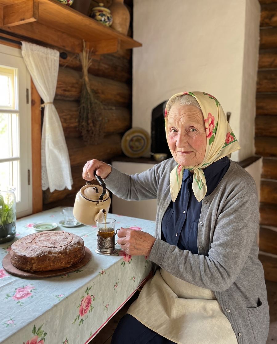 Баба Зина на кухне у печи
